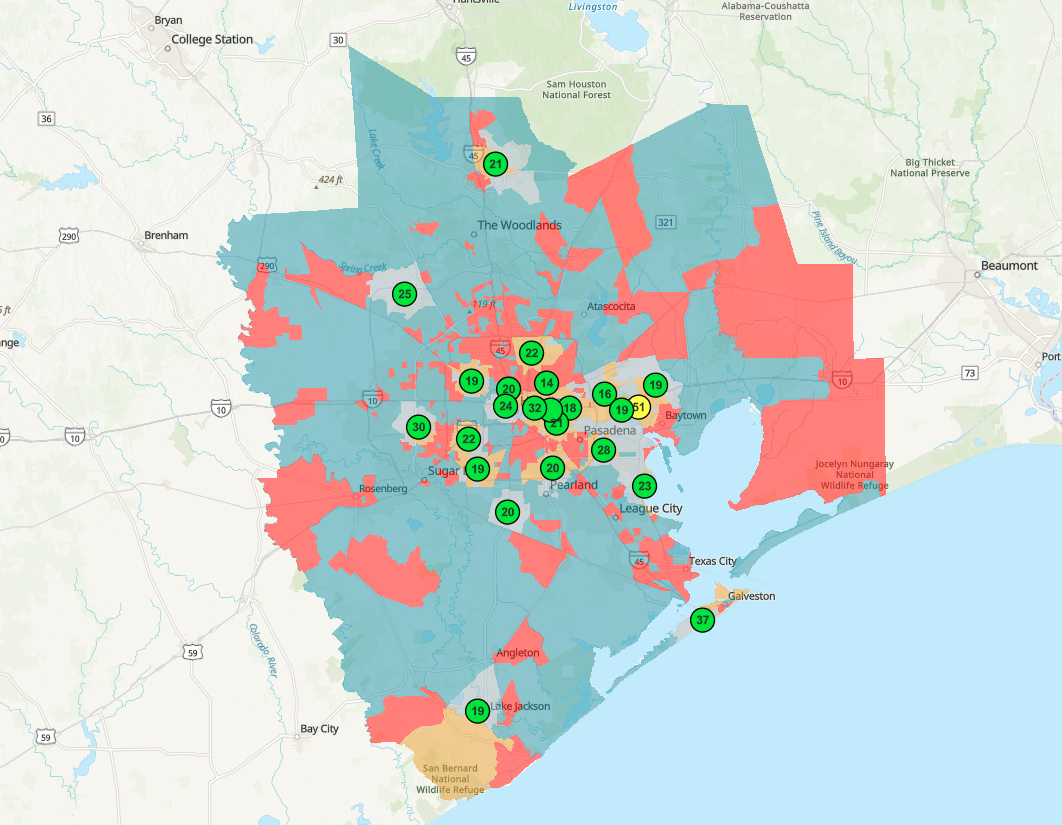 Bivariate map of priority neighborhoods and live air monitors across the Houston metro