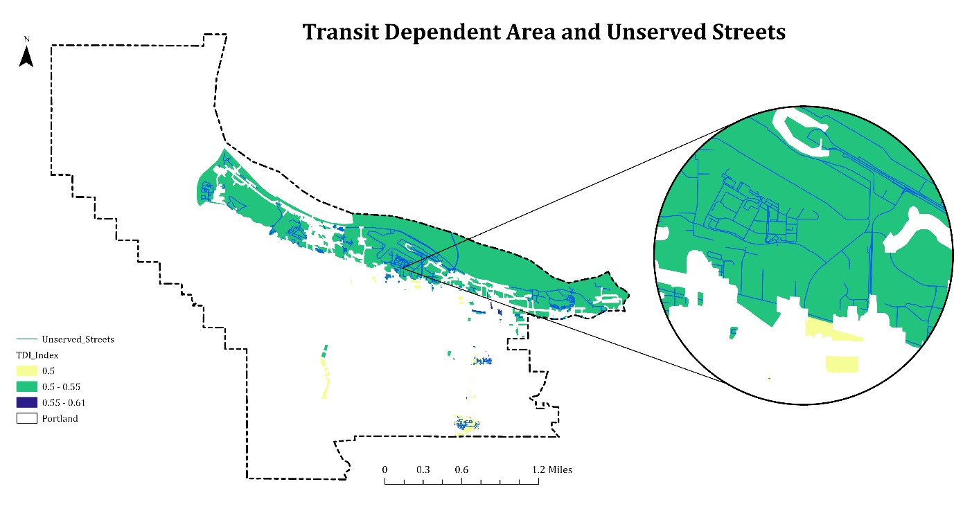 Transit Dependent Areas and Unserved Streets, Portland